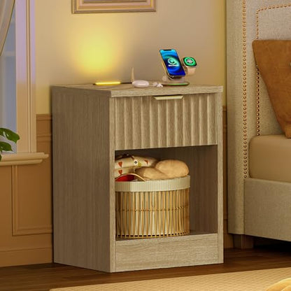 Fluted Nightstands Set of 2, Bed Side Table with Charging Station and LED Light, Night Stand with Storage Drawer and Open Shelf, End Table for Small Space, Bedroom, Natural - color: Unbzx025rd2-zf
