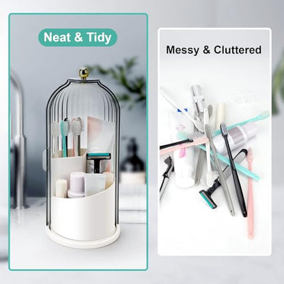QIYVLOS Toothbrush Holders with Sliding Lid, Rotating 3 Slots Bathroom Organizer Countertop, Tooth Brush Toothpaste Holder Bathroom Counter Stand Sink Organizer Caddy for Vanity Makeup Brushes Holder - color: White+Transparent Black