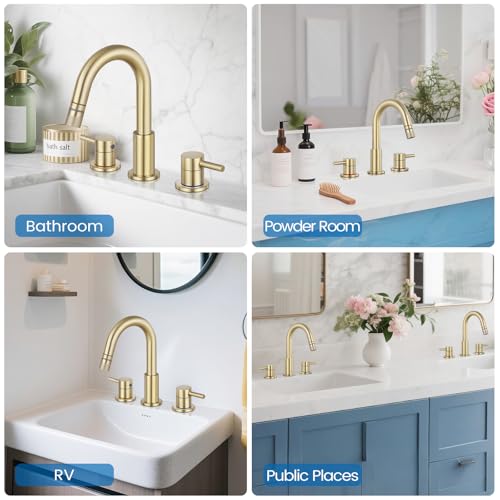 Pull-Down Bathroom Faucet 3 Hole 8 Inch with Pop-Up Drain,Brushed Gold | 360° Swivel Spoutr & Dual Modes,8" Widespread 2-Handle, Pop-Up Drain & 10-Min Install for 3-Hole Bathroom Sink Faucets. - color: Brush Gold