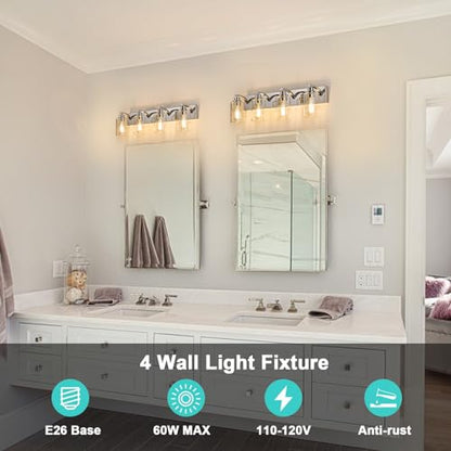 4-Light Bathroom Light Fixtures Modern Chrome Vanity Lights | Easy to Install Clear Glass Shades, Wall Mount Up or Down, E26 Socket, Hardwired, 127V - color: Chrome, size: 4 Lights