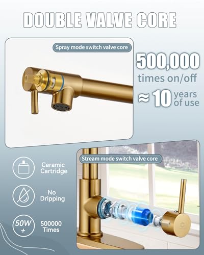 Kitchen Faucet with Soap Dispenser, Brushed Gold Kitchen Faucet, Kitchen Faucets with Pull Down Sprayer and Deck Plate, Stainless Steel Spring Camper Laundry RV Faucets for Kitchen Sinks - color: C.Brushed Gold, style: 1.Faucet+Soap Dispenser+Hole Cover