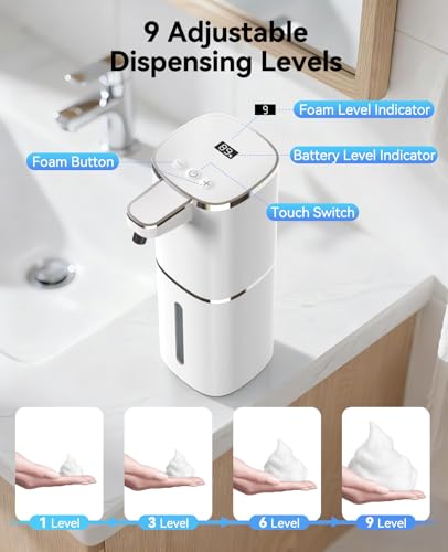 Luxspire 420ml Automatic Foaming Soap Dispenser for Bathroom, White | Touchless foam soap dispenser, IPX5 waterproof, 9 foam levels, LED power display fits hand soap dish wash body wash - color: White