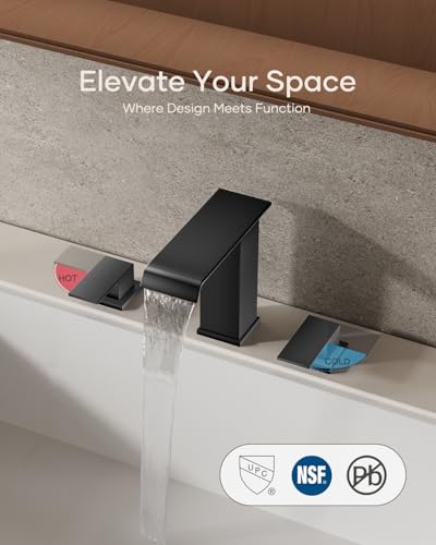 AVSIILE Matte Black Waterfall Bathroom Faucet 3 Hole, 8 Inch Widespread Modern 3 Piece Bathroom Sink Faucet, Touch On Lavatory Faucet for Vanity RV Restroom, Straight Spout - color: Black, style: Straight Spout