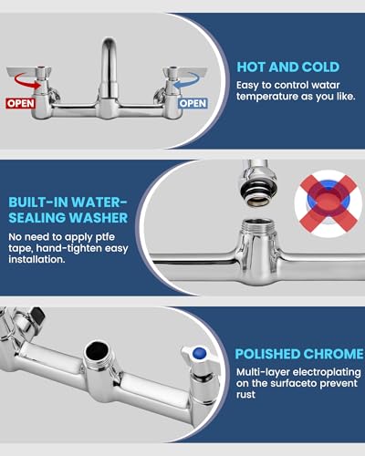 Airuida Wall Mount Commercial Kitchen Faucet,8 Inch Swivel Spout,8 Inch Center Utility Sink Faucet with Dual Handles,Solid Brass 360° Swivel Spout,Commercial Sink Faucet for Kitchen Laundry,Chrome | Commercial Sink Faucet,Dual Handles,Utility Sink Faucet,