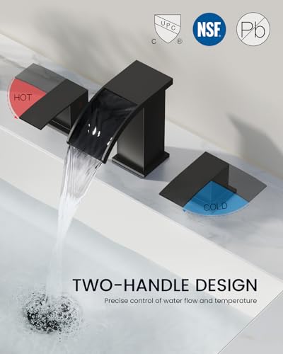 gotonovo Waterfall Bathroom Faucet 3 Hole Square Body,Matte Black | SUS304 8’’ Widespread Bathroom Sink Faucet,2.17’’ Wide Spout,24’’ cUPC Hose,Pop Up Drain,2 Handle,Vanity,Lavatory,Basin,RV - color: Black