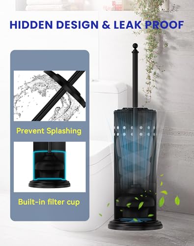 DOWRY Toilet Plunger with Holder for Bathroom Black | Hidden Toilet Bowl Cleaners Long Handle with Cover Powerful Force Suction Cup Heavy Duty Deep Cleaning - color: Black