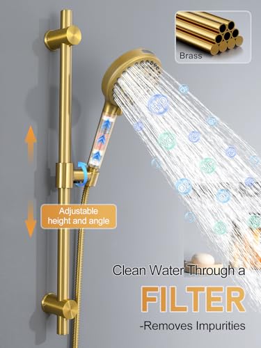 Woindo Shower Faucet Set with Slide Bar, 12" Rain Shower Head/8'' Side Shower Head and 10 Setting Handheld Ceiling Mount 3 Push Button Diverter Complete Rainfall Shower System Included Valve Trim Kit - color: Brushed Gold, style: 12"-R-Ceiling-02