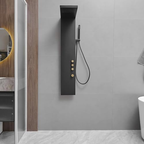 3 in 1 Shower Panel Tower System with Rainfall Shower Head, Handheld Shower Wand and Body Spray Stainless Steel Shower Tower Multi-Function Shower Panels for Bathroom, Black - color: Black, style: 3 IN 1 Shower Panel