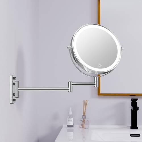 1X/20X Wall Mount Makeup Mirror with Lights and Magnification, Chrome | 8" Double Sided Wall Mounted Magnifying Mirror with 360° Swivel Extension Arm, Dimmable, Rechargeable, Touch Control, Silver - color: Chrome