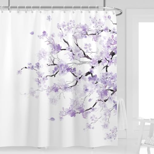 Long Purple Floral Shower Curtain, Japanese, 12 Hooks, 72" W x 84" L | Lavender Sakura Watercolor Pattern, Elegant Cherry Blossom Art, Cute Girly Aesthetic, Extra Large XL Bathroom Decor - color: Purple White, size: 72"W x 84"L (Pack of 1)