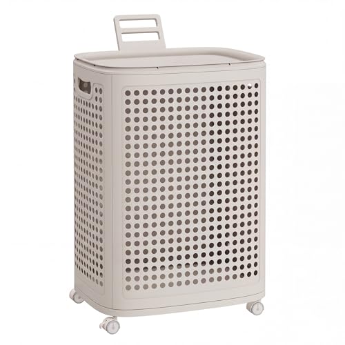 SONGMICS Laundry Hamper with Wheels, Plastic Laundry Basket, 19.8 Gallons (75 L), Slim Storage Basket, for Bathroom, Bedroom, Cappuccino Beige URLH020L101 - color: Cappuccino Beige, size: Lid and Wheels
