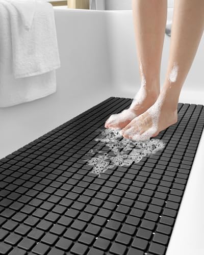 DEXI Bathtub Mat Non Slip, 39x16 Bath Tub Shower Floor Bathroom Mats Black | Extra Long Suction Cups, Drain Holes, Machine Washable for Tub Shower Floor Bathmat - color: Black