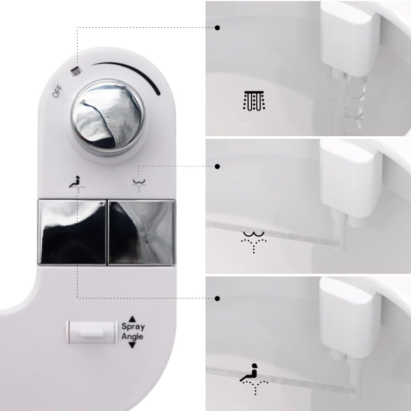Bidet Attachment for Toilet, Non-Electric Cold Water Bidet with Dual Nozzles (Rear & Feminine Wash), Self-Cleaning Nozzle Rinse, Adjustable Water Pressure Control, Easy Install Kit, Fits Most Toilets
