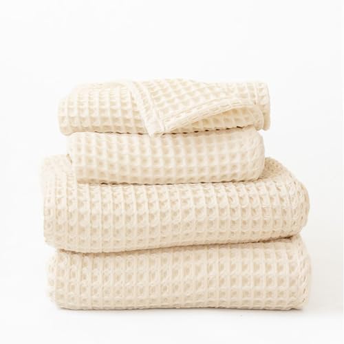 4-Piece Waffle Towels Set for Bathroom - Soft 100% Turkish Cotton Quick-Dry Lint-Free Waffle Weave Thin Bath and Hand Towels (Natural, 2 Bath & 2 Hand Towel Set) - color: Natural, size: 2 Bath & 2 Hand Towel Set