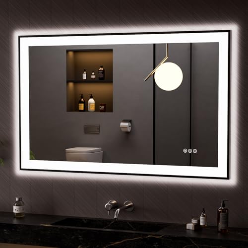 LOAAO 48"X30" LED Bathroom Mirror Black Framed | Anti-Fog, Dimmable, Memory Function, Tempered Glass, Lighted Vanity Mirror for Wall - size: 48"L x 30"W