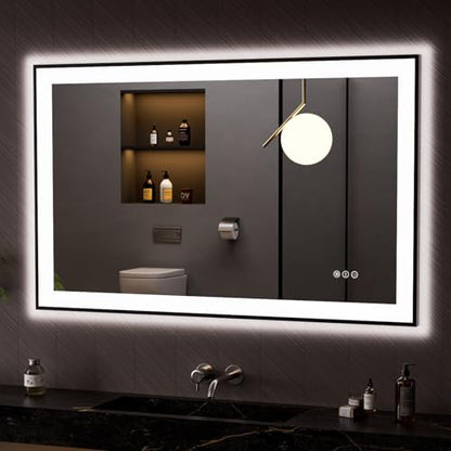 LOAAO 48"X30" LED Bathroom Mirror Black Framed | Anti-Fog, Dimmable, Memory Function, Tempered Glass, Lighted Vanity Mirror for Wall - size: 48"L x 30"W