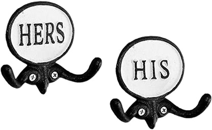 AuldHome Design His and Hers Towel Hooks (Set of 2); Cast Iron Rustic Farmhouse Decor Door Wall Hangers