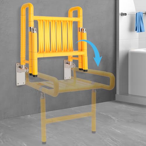 19.69" Wide Folding Shower Seat Wall Mounted Foldable Shower Chair with Legs and Arms Bath Safety Stainless Steel Folding Shower Bench for Inside Shower, Seniors, Pregnant and Disabled, Max Load 441lb - color: Yellow