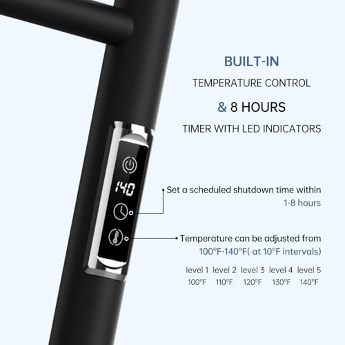 Electric Stainless Steel Warmer Rack Heated Towel Rack with 2 Hooks, Build-in Timer Temperature Adjustable Plug-in/Hardwired Hooks Hot Towel Rack for Bathroom Spa Gym Hotel (Black, 7-Bar) - color: Black, size: 7-Bar
