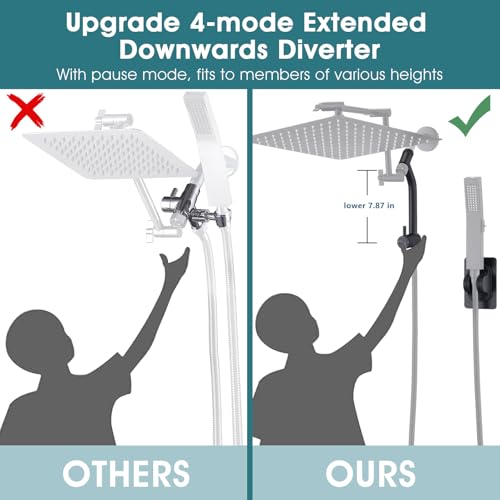PDPBath Brass Shower Arm Diverter with Adhesive Handheld Holder for Easy Reach, Upgrade Low 3-Way Diverter with Pause Setting, G1/2 Universal Connection - Matte Black - color: Matte Black-3