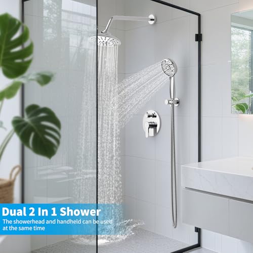 EMBATHER 8'' Shower System with Handheld Trim Kit, Polished Chrome | 2-IN-1 Shower Faucet Set, 3-Mode Shower Head, 8-Setting Handheld Spray, Pressure-balanced Valve & Trim Kit - color: Polished Chrome, size: 8 Inch
