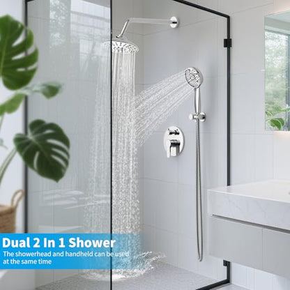 EMBATHER 8'' Shower System with Handheld Trim Kit, Polished Chrome | 2-IN-1 Shower Faucet Set, 3-Mode Shower Head, 8-Setting Handheld Spray, Pressure-balanced Valve & Trim Kit - color: Polished Chrome, size: 8 Inch