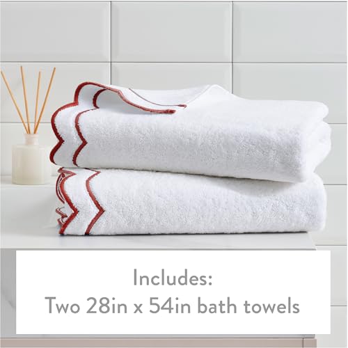 Peri Home 2 Piece Cotton Bath Towel Set, Embroidered, White, Red Scallop - color: White With Chili Red Scallop, size: 2 Bath Towel