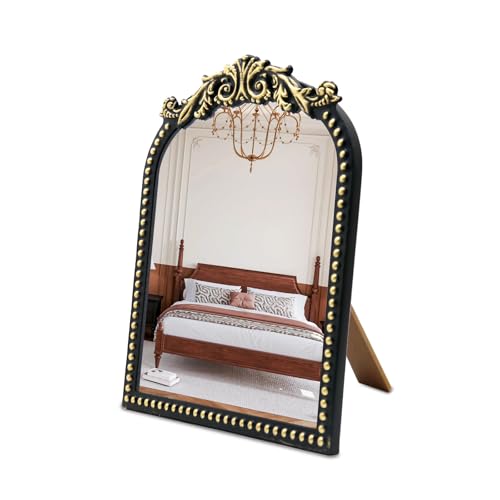 Vintage Vanity Makeup Mirror, 12.1" x 9.8" Antique Arched Black Table Mirrors for Dresser,Baroque Decor Ornate Standing Mirror for Living Room,Tabletop,Bedroom - color: Black