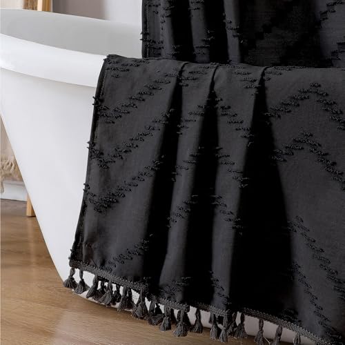 Extra Long Black Boho Shower Curtain, Chic Tufted Chevron Striped Textured Fabric Cloth Shower Curtains with Tassel for Bathroom, Soft Hotel Style Farmhouse, Machine Washable, 72x84 - color: Black, size: 72"W x 84"L (Pack of 1)