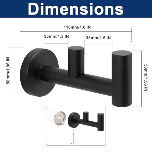 NearMoon Bathroom Double Towel Hook- SUS304 Stainless Steel Robe Towel Holder, Heavy Duty Double Coat Hook for Bathroom Livingroom Kitchen Wall Mounted (Matte Black-F, 2 Pack) - style: Matte Black-F