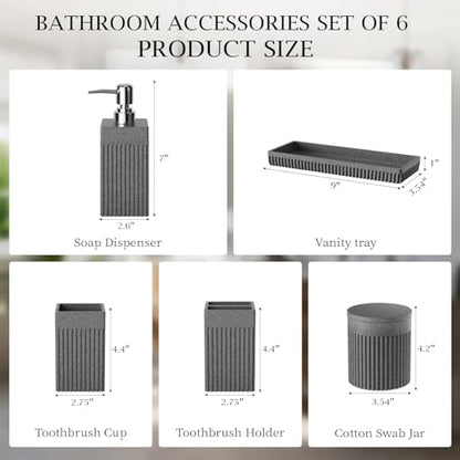 6-Piece Bathroom Set Grey - Stone Textured Resin Bathroom Organizer with Soap Dispenser, Toothbrush Holder, Vanity Tray, Tumbler & Cotton Swab Jars for Small Spaces - color: Grey