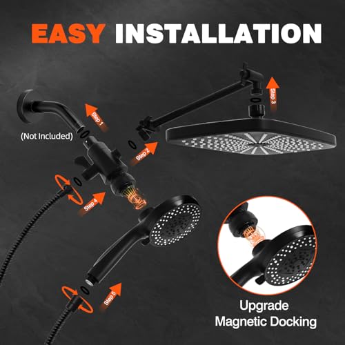 Black Shower Head with Handheld, Adjustable Rain Shower Head with Spray Combo, One-piece High Pressure Filtered Shower Head with Handheld, Built-in Magnetic Docking and Power Jets