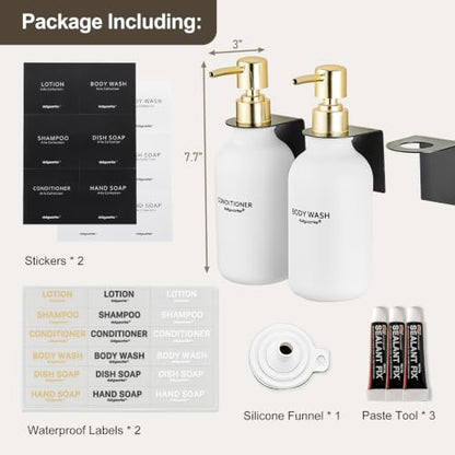 Shampoo and Conditioner Dispenser Set of 3, Matte White | Gold Pumps, 16.9 oz Refillable Bottles, No-Drill Wall Mount, 27 Labels, For Bathrooms, Hotels and Airbnbs - color: Matte White Bottle + Gold Pump