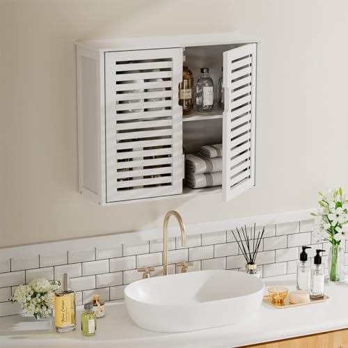 HITNET White Bathroom Cabinet Over Toilet, Bamboo Hanging Medicine Cabinet, Wall-Mounted Storage Organizer, Kitchen Cupboard with Double Doors and Adjustable Shelf - color: White