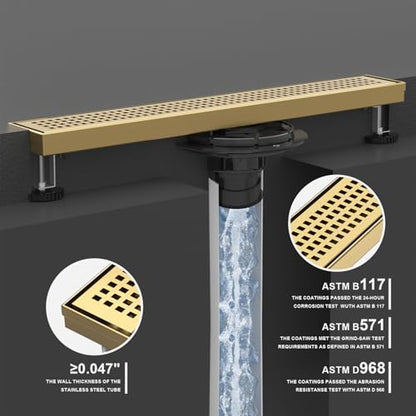 28 Inch Linear Shower Drain - Brushed Gold, with Removable Grate | AISI 304 Stainless Steel Shower Drain, Long Rectangle Shower Floor Drain with Adjustable Feet, Fits Bathroom & Balcony etc - color: Brushed Gold, size: 28 in