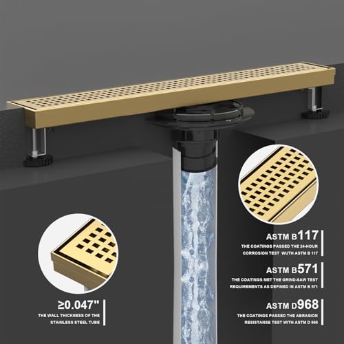 32 Inch Linear Shower Drain - Brushed Gold, with Removable Grate | AISI 304 Stainless Steel Shower Drain, Long Rectangle Shower Floor Drain with Adjustable Feet, Fits Bathroom & Balcony etc - color: Brushed Gold, size: 32 in