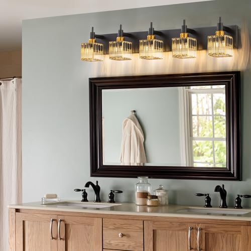Modern Crystal Bathroom Vanity Light Black Gold 5-Lights Bathroom Lighting Fixtures Over Mirror, Brass Wall Light Fixtures - color: Black Gold-Square Shade, size: 5-Light