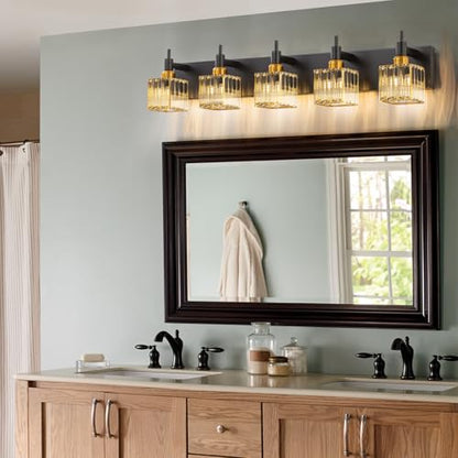 Modern Crystal Bathroom Vanity Light Black Gold 5-Lights Bathroom Lighting Fixtures Over Mirror, Brass Wall Light Fixtures - color: Black Gold-Square Shade, size: 5-Light