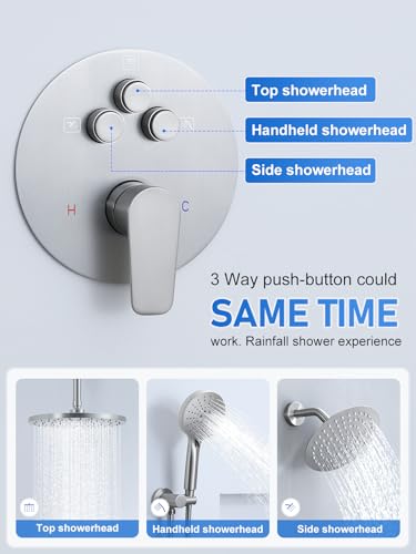 Woindo Shower Faucet Set 10" Rain Shower Head/8'' Side Shower Head and 3 Setting Handheld Ceiling Mount 3 Push Button Diverter Complete Rainfall Round Shower System Included Valve Trim Kit - color: Brushed Nickel, style: 10"-R-Ceiling-02