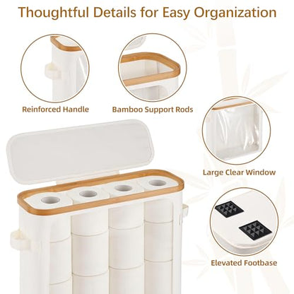 Livole Toilet Paper Storage Basket with Lid & Toilet Tank Basket | Free Standing, Large Capacity for 20 Regular Rolls or 15 Mega Rolls, Dual Handles, Clear Side Window, Bathroom, Beige - color: Beige