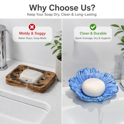 Self Draining Ceramic Soap Dish, Flower Shaped Soap Holder for Bathroom with Stable Base, for Kitchen Countertop, Bathroom Sink, Shower, Keeps Soap Dry, Decorative Soap Holder (Flower-Blue)