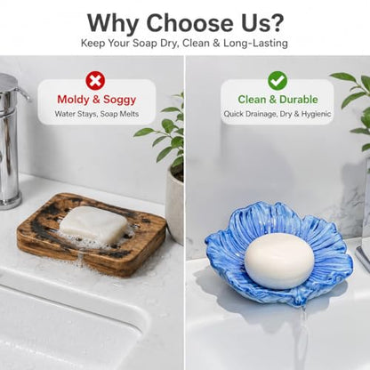 Self Draining Ceramic Soap Dish, Flower Shaped Soap Holder for Bathroom with Stable Base, for Kitchen Countertop, Bathroom Sink, Shower, Keeps Soap Dry, Decorative Soap Holder (Flower-Blue)