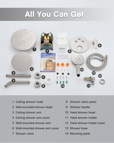 Iriber Brushed Nickel Shower head with Handheld,8"+10" Shower Faucet Set | 10 Inch Ceiling +8 Inch Wall Mount Dual Shower Heads,Push Button Diverter,3 Setting Handheld,Pressure Balance Valve Cartridge - color: Brushed Nickel 06