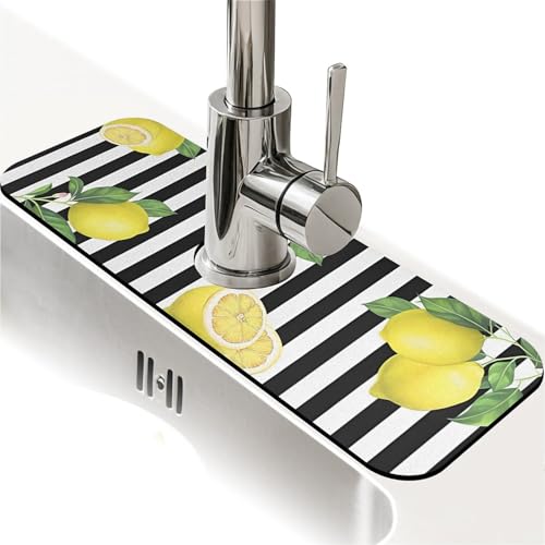Kitchen Sink Splash Guard，Lemon-and stripes Faucet Mat Sink Gadgets-Super Absorbent Fast Drying Mat Drip Catcher for Kitchen, Bathroom,Sink Mat, Dish Drying Mat, Bathroom(15" X 5.5" ) - color: Lemon-and stripes