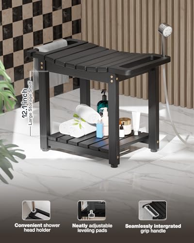 Bluewest 23.4I NCH Shower Bench Seat with Storage Shelf and Handle, Black | Waterproof Bathroom Spa Bench for Sitting Inside the Shower and Shaving Legs, with a Built-In Handle and Shower Head Holder. - size: 2 Tier - Black