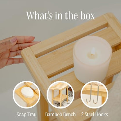 Bamboo Shower Bench for Inside Shower – Waterproof Bathroom Spa Seat with Shelf, Hooks & Soap Tray – Wood Shower Stool for Shaving, Sauna, or Small Bathroom – Natural