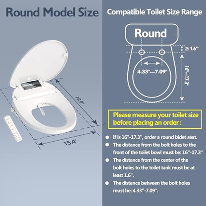 WLJBIDET Electric Heated Bidet Toilet Seat with Remote Control, Adjustable Warm Water & Pressure, Air Drying, Self-Cleaning Nozzle, Oscillating Cleaning, Display Screen, Slow Closed Lid - Round