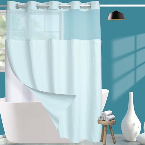 Conbo Mio No Hook Waffle Weave Shower Curtain with Snap in Liner Set, Hotel Luxury Blue Shower Curtains for Bathroom with See Through Top Window, Waterproof, Washable 71W x 74H - color: Waffle-blue, size: 71"W x 74"L (Pack of 1)