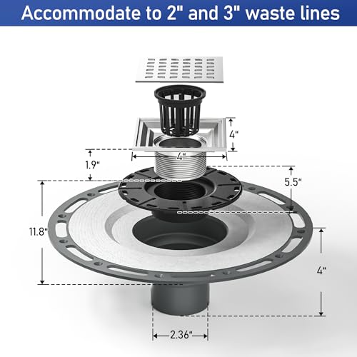 Square Shower Drain with PVC Bonding Flange Base, 4" Brushed | 304 Stainless Steel Drain w/ Drain Key for Low Profile Shower Tiles, CUPC Certified - color: Brushed4"