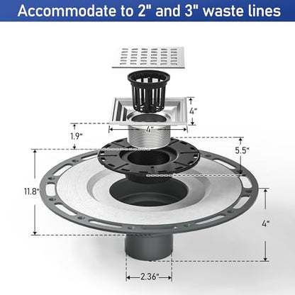Square Shower Drain with PVC Bonding Flange Base, 4" Brushed | 304 Stainless Steel Drain w/ Drain Key for Low Profile Shower Tiles, CUPC Certified - color: Brushed4"